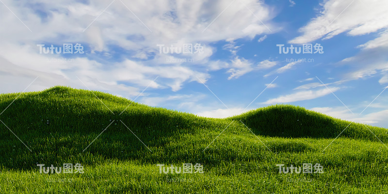 碧绿的草地，湛蓝的天空。户外自然概念。3D插画渲染