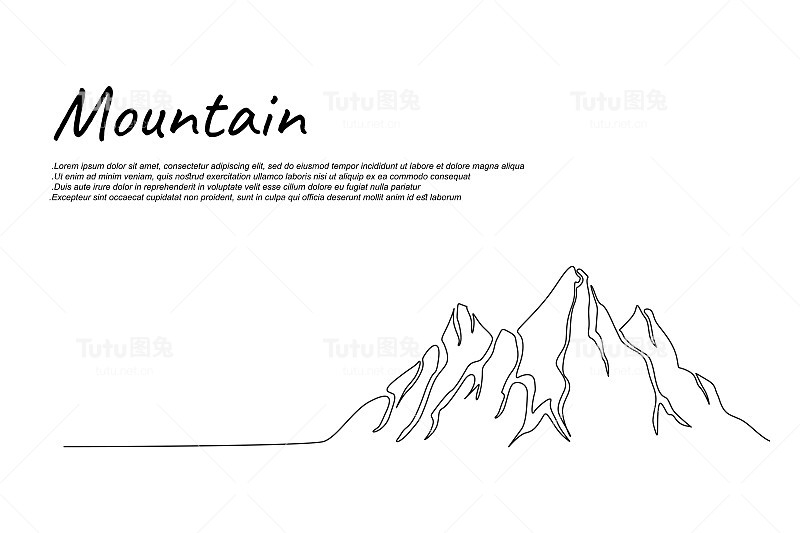 连续的单线山景图。高坐骑高峰线形画矢量设计。探险、冬季运动、徒步旅行和旅游概念。