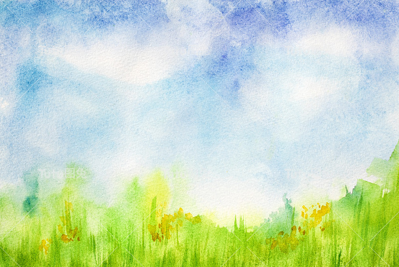 绿色的草地和多云的蓝天。水彩。插图。手绘背景。邀请卡的精致背景。