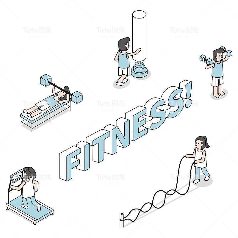 男人和女人在健身房享受健身的等距插画