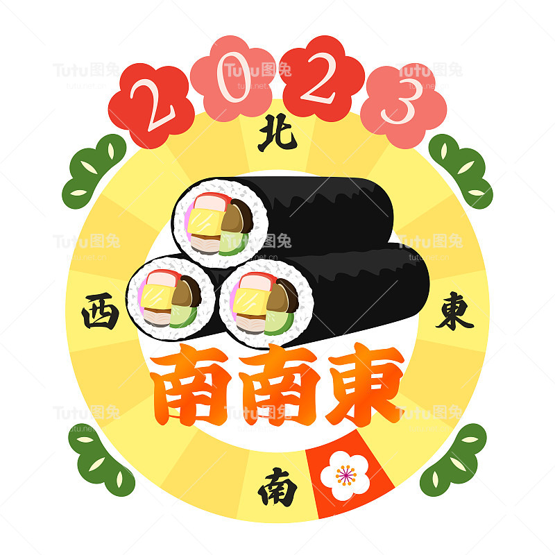 2023年日本的吉祥方向是东南偏南的图解和日本传统节日“节气”当天面向东南偏南的方向吃“依卷卷”的插画。