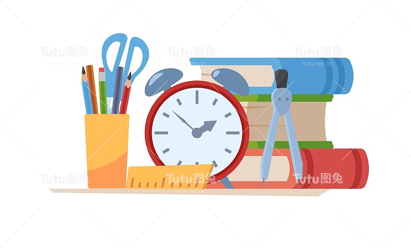 学校学生用品和文具构成矢量插图孤立。