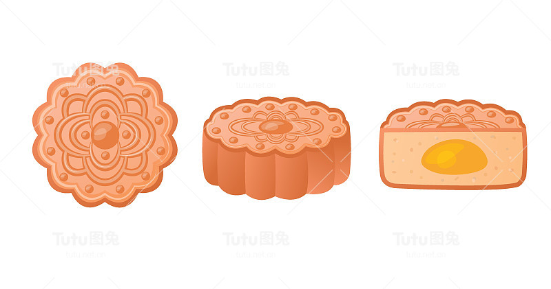 月饼孤立。东亚的传统甜点。中式月饼套装。整块，切成两半，加蛋黄。白色背景上的矢量插图。