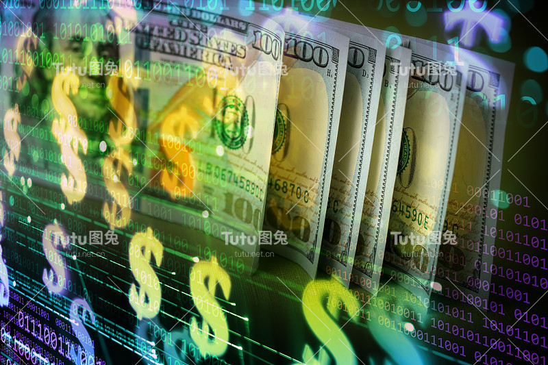 金融技术。美元纸币的二进制代码背景