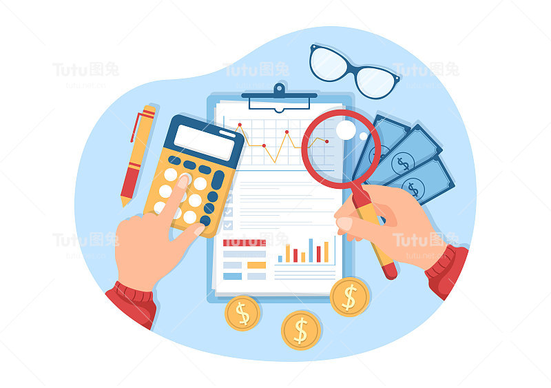 商业审计文件与图表，会计，计算和财务报告分析在平面卡通手绘模板插图