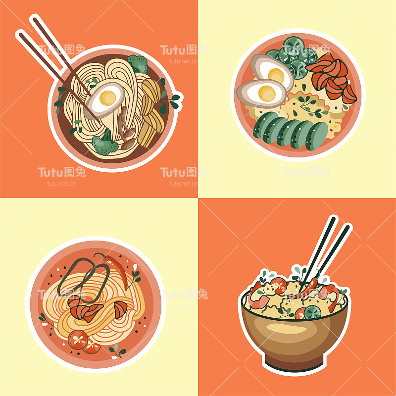 亚洲食品贴纸。乌冬面或拉面汤。面条和米饭配海鲜。适用于餐厅横幅、标识、快餐广告。韩国菜或中国菜。