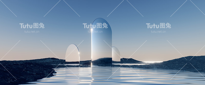 3d渲染，抽象的全景背景，北方未来主义景观，梦幻般的风景与平静的水，简单的几何镜面拱门和柔和的蓝色梯度天空。极简禅意美学墙纸