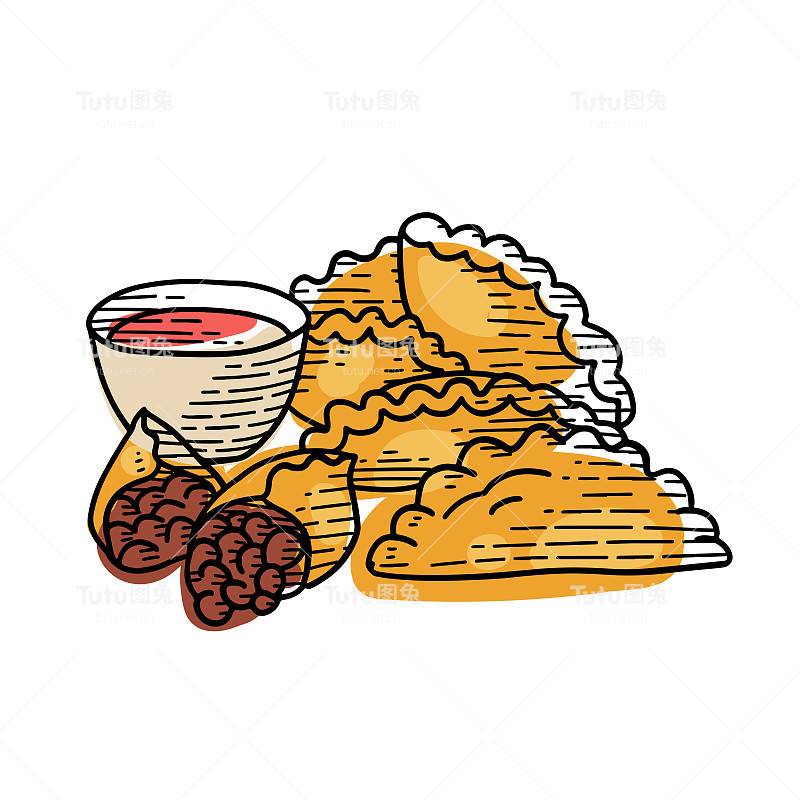 手绘素描风格的肉馅卷饼。侧面视图堆积肉馅卷饼与酱汁。典型的拉丁美洲和西班牙快餐。矢量雕刻轮廓插图孤立在白色背景上的菜单。