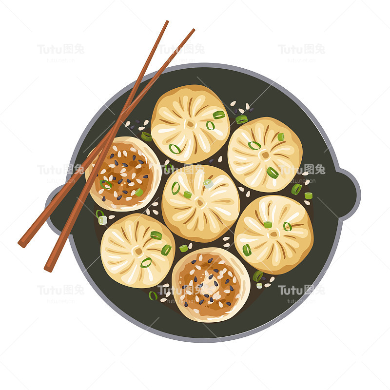 煎包或饺子。从上面看。亚洲食物载体插图。