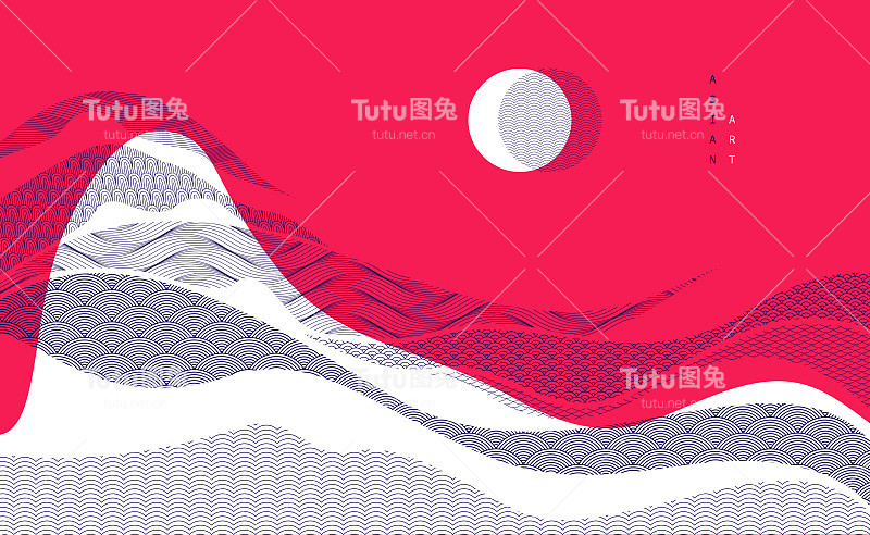 抽象的东方日本艺术矢量背景为红色，传统风格的设计，波浪形状和山脉地形景观，像大海一样流动的线条。