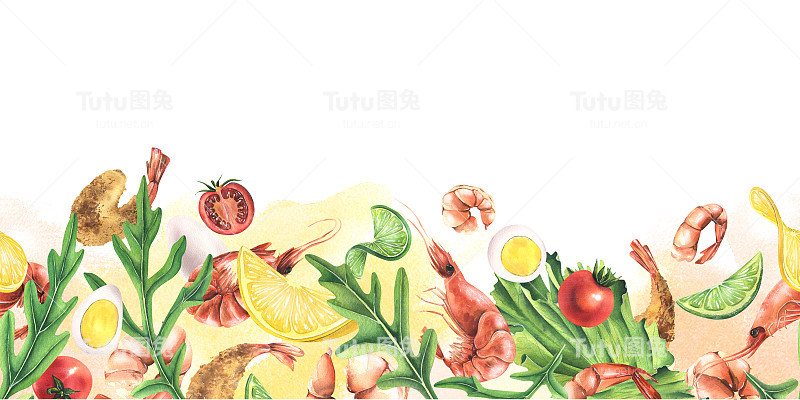 虾配蔬菜、鸡蛋和香草。水彩插图。无缝边界模式从虾系列。用于设计和设计菜单，食谱，横幅，模板，咖啡馆