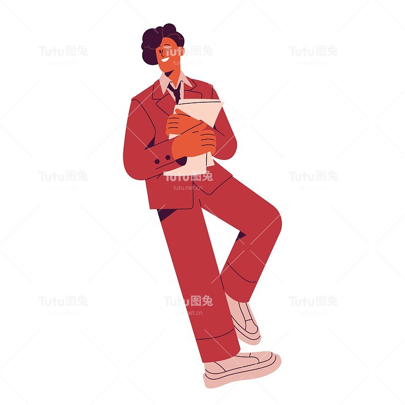 商务女性，西装白领，男装。女商人穿着男性风格的现代服装。快乐的女员工拿着文件。平面矢量插图孤立在白色背景上