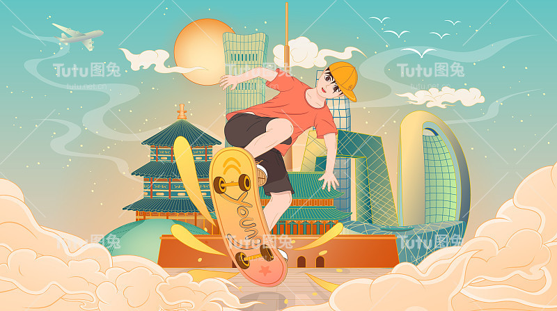 矢量插图青少年玩滑板在中国风格