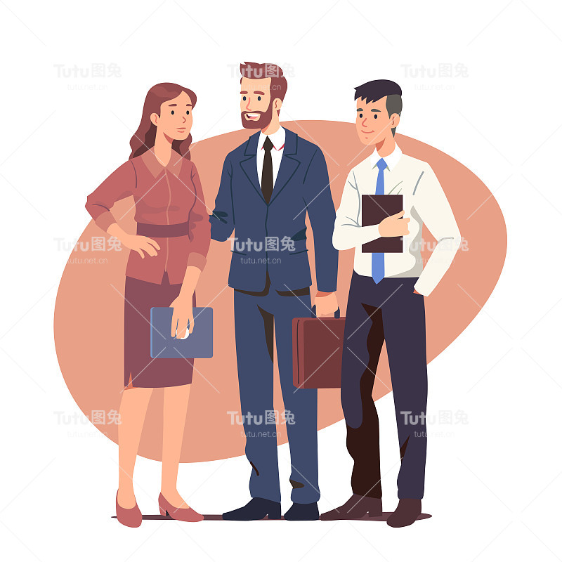 商务男、女同事团队开会，讨论想法。微笑成功的伙伴人物人物站着，说话。伙伴关系，团队合作，工作职业平面矢量插图