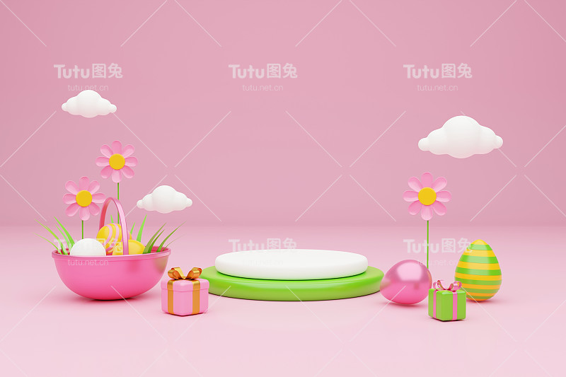 复活节彩蛋粉色背景，快乐的复活节假期概念。3 d渲染。