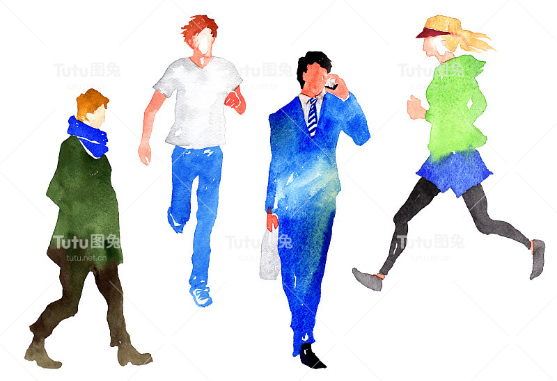 手绘水彩画人物素描，上班族，行走的男人，奔跑的女人