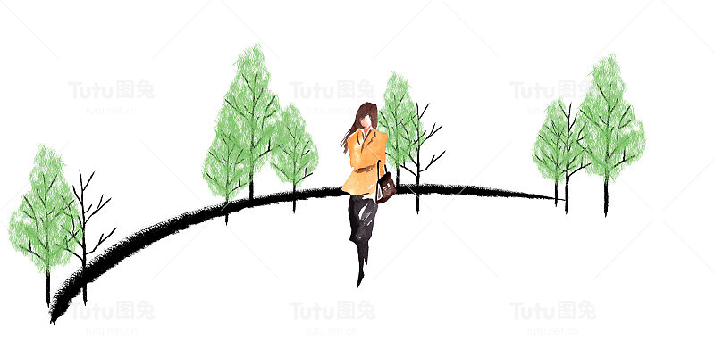 手绘水彩女子素描与树的背景