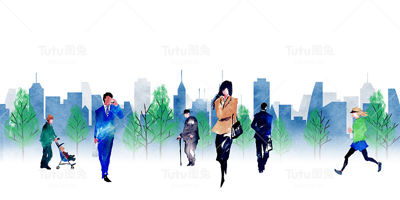 手绘水彩人物素描与城市景观背景