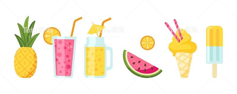 夏日美味的鸡尾酒、水果和冰淇淋。时令甜食，儿童甜点。流行的海滩酒吧食品和饮料，卡通矢量元素
