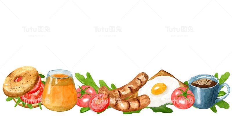 框架，边框从烤面包与鸡蛋，香肠，西红柿和香草，杯子和果汁。手绘水彩插图在白色的背景。美味的早餐。设计菜单模板。