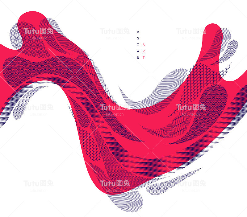 抽象的东方日本艺术矢量背景以红色为主色调，传统风格的设计，波浪状的形状和山脉地形景观，流线型如海。