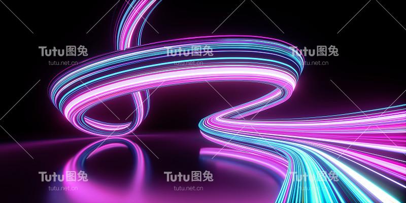 3 d渲染。抽象的霓虹壁纸。黑色背景上发光的线条。光牵引轨迹，扭曲丝带