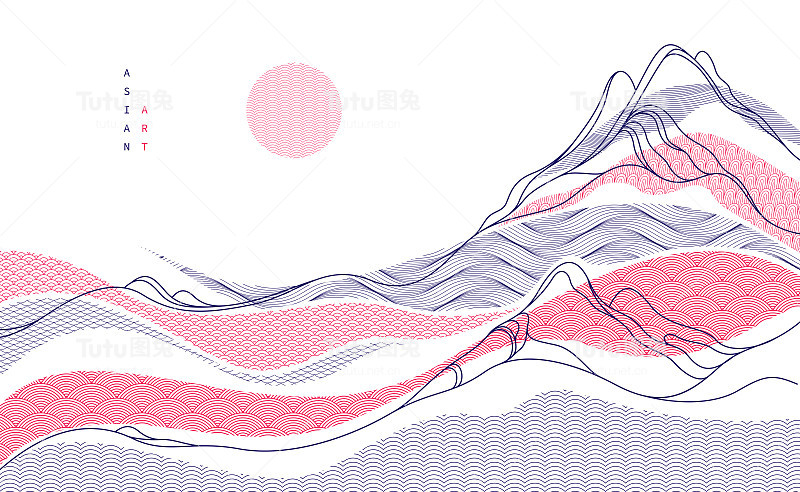 抽象的东方日本艺术矢量背景，传统风格的设计，波浪状的形状和山脉地形景观，流淌如海的线条。
