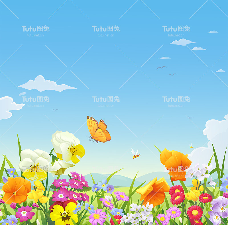 蓝天下盛开的草地
