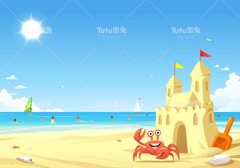 欢乐的螃蟹在沙堡前