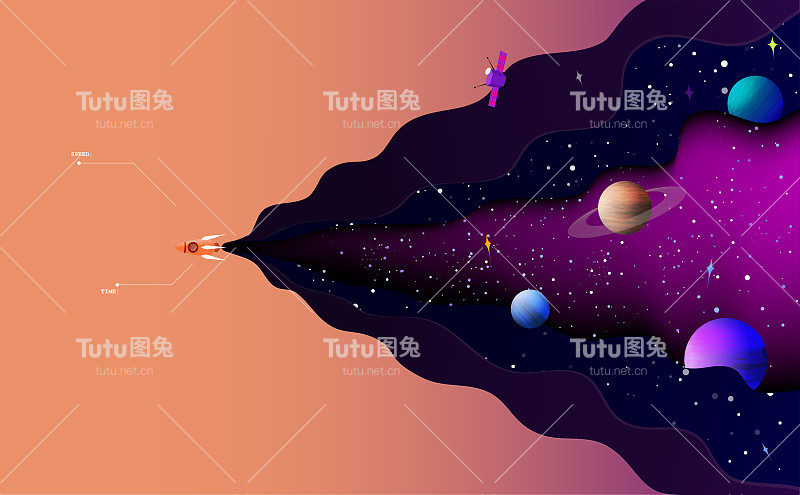 空间探索的矢量插图。宇宙飞船在繁星点点的宇宙中独自航行。