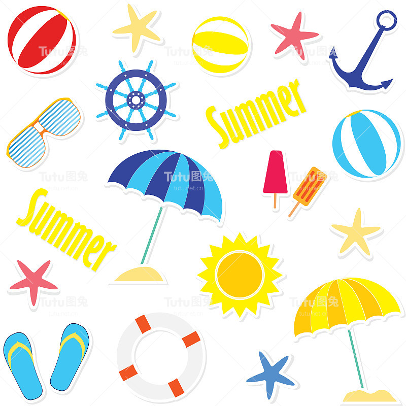 闪亮的夏日系列。海岸设计元素集。夏日剪贴艺术收藏。