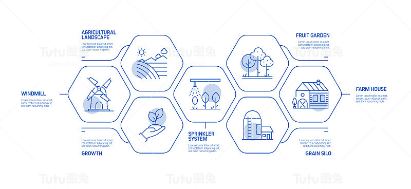 农业和农业相关过程信息图模板。过程时间图。带图标的工作流布局