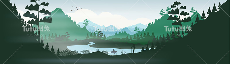 湖与皮划艇在松林，山上日落全景