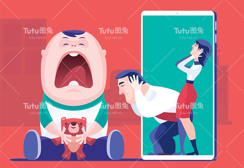 哭泣的幼童通过智能手机见父母