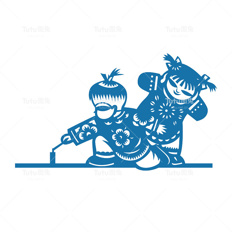 中国传统新年习俗，儿童放鞭炮(中国剪纸图案)