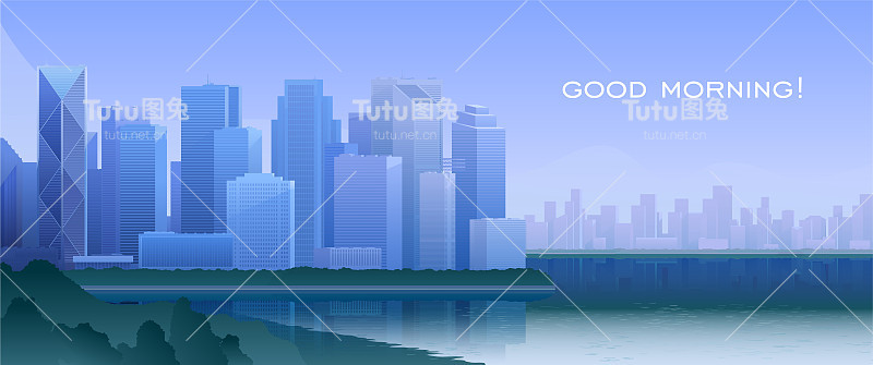 早上城市景观。城市的早晨插图。城市矢量背景。