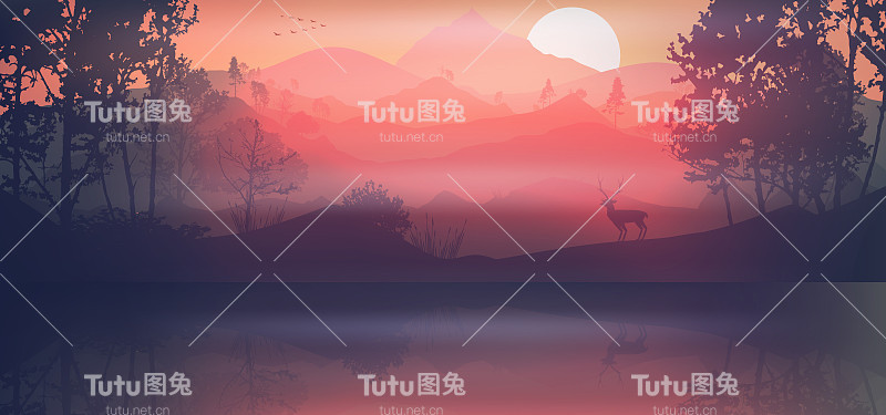 有鹿的森林和湖泊