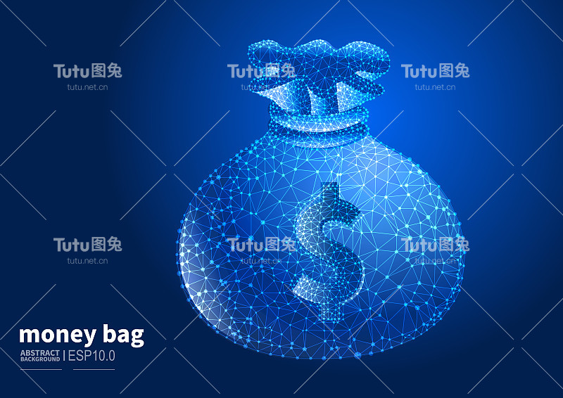 钱袋，商业银行和储蓄，矢量抽象低多边形点线连接钱袋背景