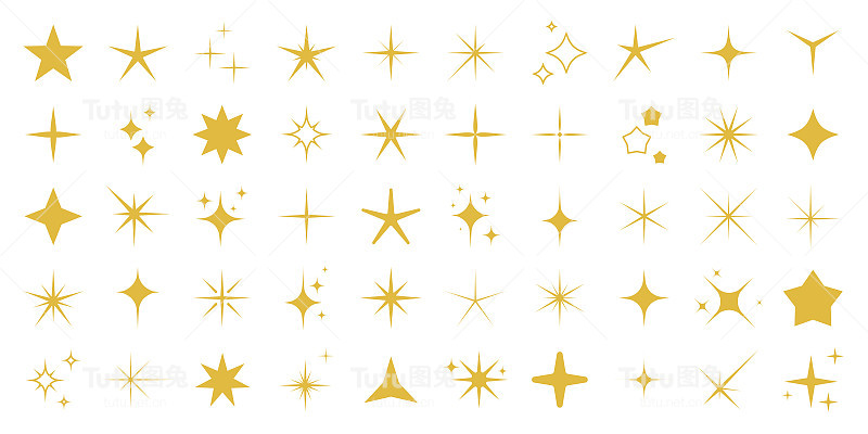 金色的闪光和星星集合在白色的背景