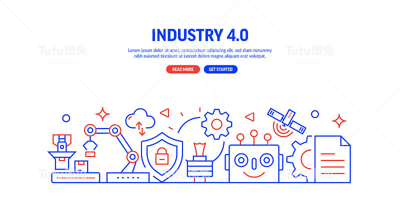 工业4.0相关网页横幅线条风格。现代线性设计矢量插图的网站横幅，网站标题等。