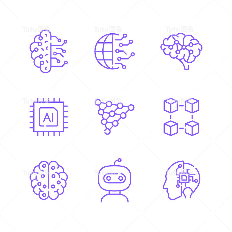 人工智能相关的线条图标集。轮廓符号集合，可编辑的描边