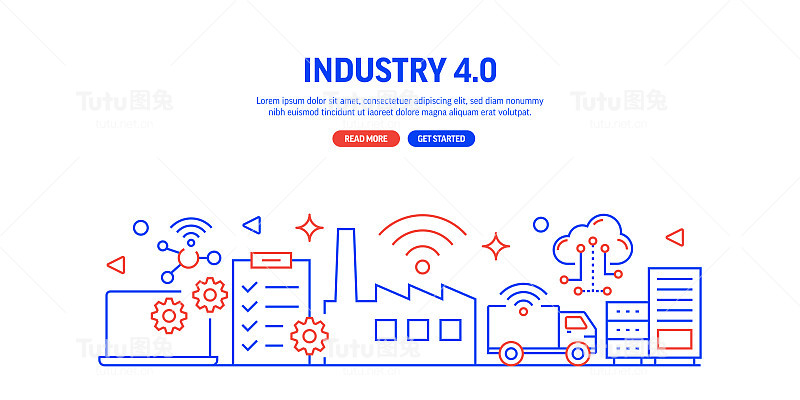 工业4.0相关网页横幅线条风格。现代线性设计矢量插图的网站横幅，网站标题等。