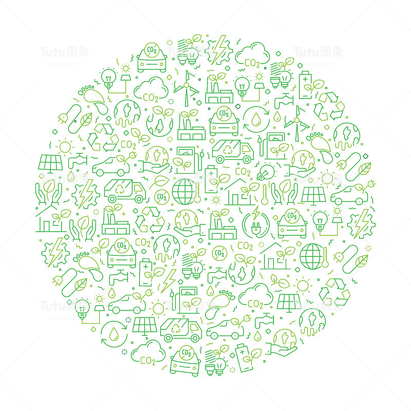 绿色能源相关模式与图标。现代线条风格矢量插图