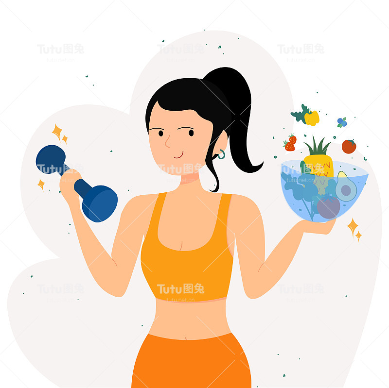 健康妇女与蔬菜和哑铃推广健康的生活方式