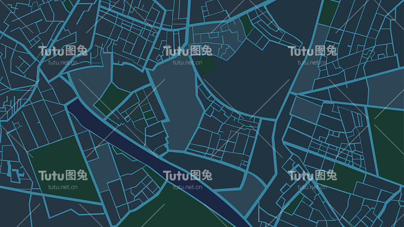 深蓝色建筑艺术地图，城市街道地图。