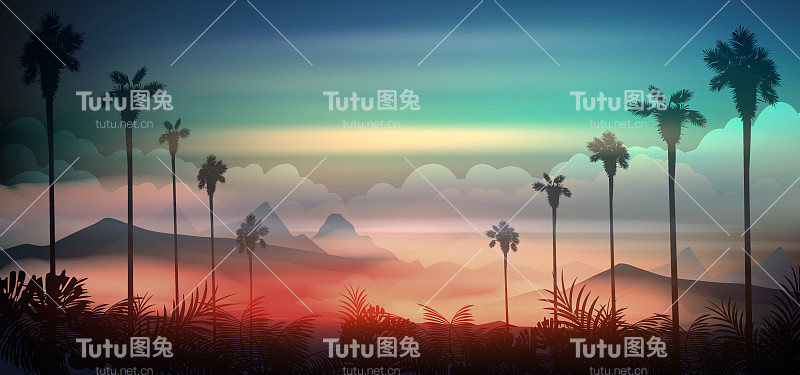 热带海滩上的日落，棕榈树成排