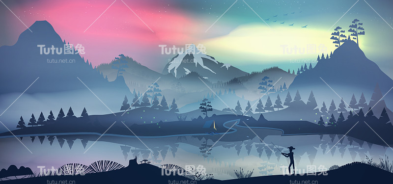 在湖边的山林里，夜晚有极光和雾伴着渔夫
