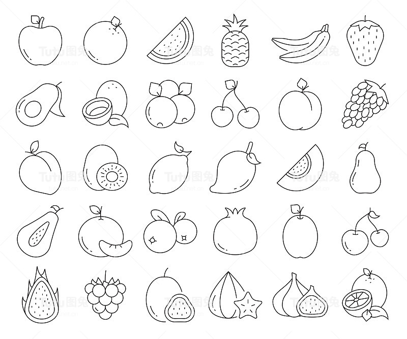 简单的水果相关的矢量线图标。大纲符号集合。可编辑的中风