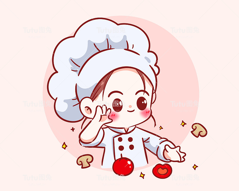 可爱的厨师女孩穿着制服微笑的人物和烹饪餐厅标志卡通艺术插图