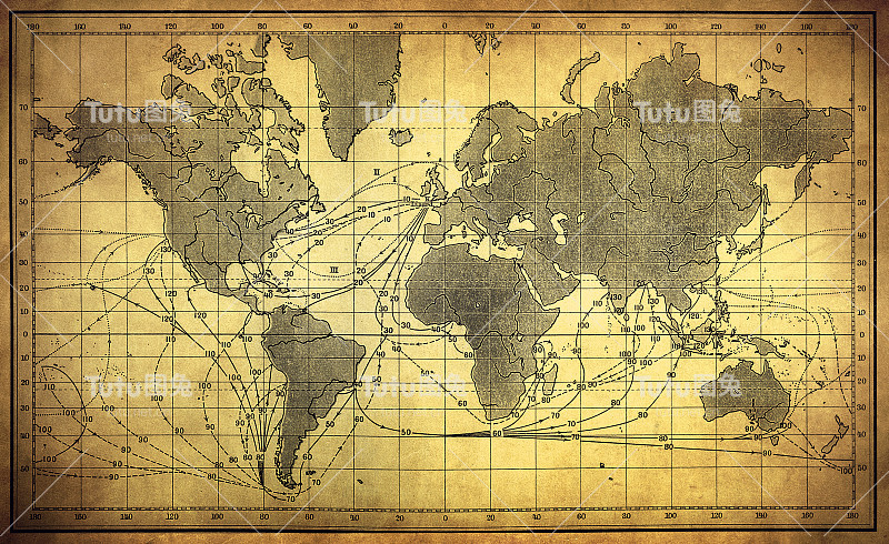19世纪帆船航路的古老世界地图